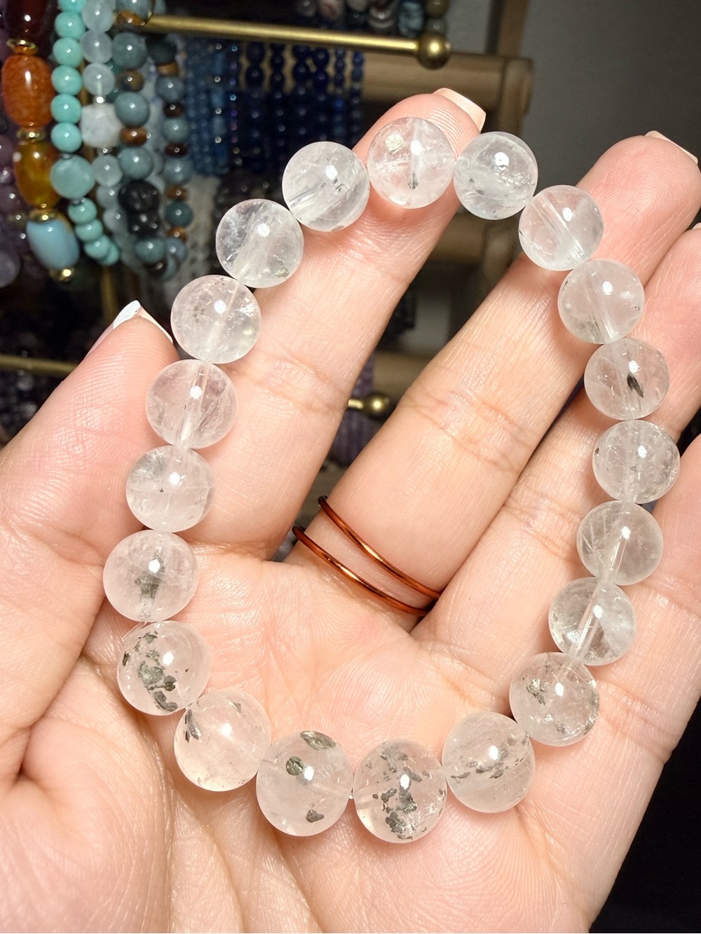 10mm Pyrite in Quartz Bracelet Clear Quartz with Pyrite Inclusions